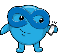 a blue cartoon character with a mask on holding a cell phone