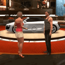 a man and a woman standing in front of a silver car