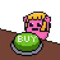 a pixel art illustration of a buy button next to a pink character