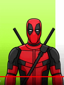 a cartoon drawing of deadpool with two swords on his shoulders