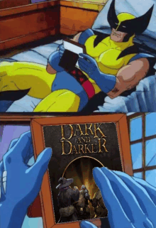 a picture of wolverine reading a book titled dark and darker