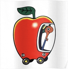 a cartoon character is driving a red apple car with wheels .