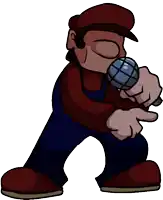 a cartoon character is singing into a microphone while wearing overalls and a red hat