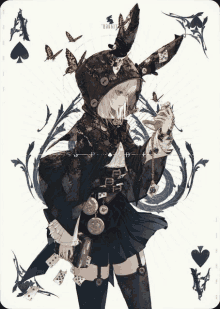 a girl in a rabbit costume is holding a sword and playing cards