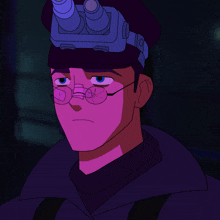 a cartoon of a man wearing glasses and a hat with two binoculars on his head