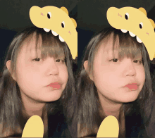 a girl wearing a yellow headband with a dinosaur on it