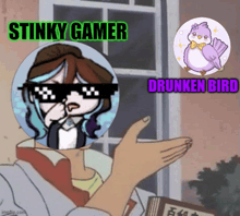 a cartoon of a girl wearing sunglasses with the words stinky gamer and drunken bird written on it