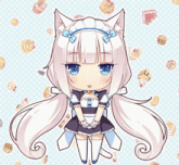 a cute anime girl with white hair and blue eyes is wearing a maid outfit and a headband with a bow .
