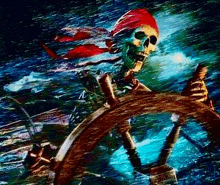 a skeleton is holding the steering wheel of a ship in the ocean .