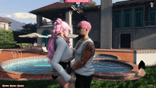 a woman with pink hair stands next to a man in front of a large house