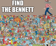 a poster with a cartoon character and the words find the bennett on the bottom