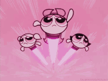 the powerpuff girls are flying through the air with a pink background