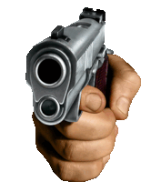 a hand is holding a gun with two holes in the front