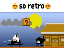 a cartoon drawing of a man riding a skateboard with the words so retro above him