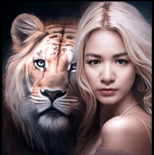 a painting of a woman and a lion with a black background