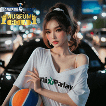 a woman wearing a white shirt that says mix parlay holding a basketball