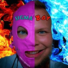 a man wearing a purple mask with sigma boy written on it