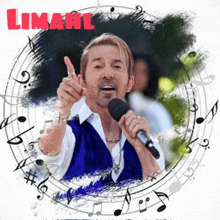 a man singing into a microphone surrounded by music notes and the word limahl