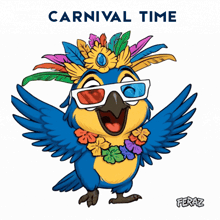 a cartoon of a blue parrot wearing 3d glasses and a crown