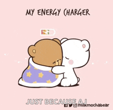 a cartoon of two bears hugging each other with the words my energy charger just because aj