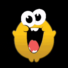 a cartoon smiley face with big white eyes and a red tongue .