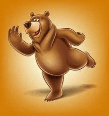 a cartoon bear is standing on one leg and smiling .