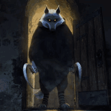 a cartoon wolf with red eyes standing in a doorway