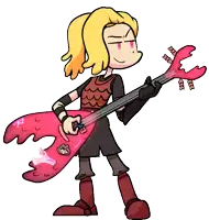 a cartoon of a girl holding a pink guitar with the letter e on it