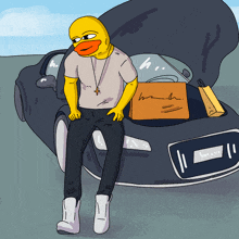 a cartoon drawing of a man with a duck head standing next to a car