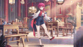 a girl with red hair is holding a basket of food