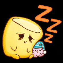 a cartoon illustration of a yellow smiley face sleeping next to a pink marshmallow wearing a sleep cap .