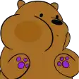 a cartoon brown bear with purple paws is sitting on a white background .