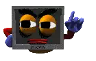 a computer monitor with a cartoon face on it and a blue hand
