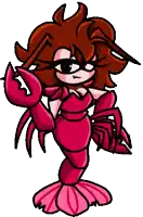 a cartoon character is dressed as a lobster and has a claw on her arm .