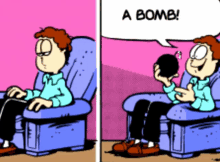 a cartoon of garfield sitting in a chair with a speech bubble that says a bomb