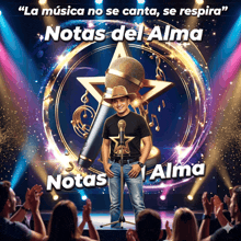 a man in a cowboy hat stands in front of a microphone with the words " la musica no se canta se respira " written above him