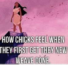 a cartoon of pocahontas standing on top of a cliff with a quote about how chicks feel