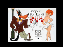 a cartoon drawing of a wolf and a woman with the words bonjour bon lundi