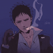 a drawing of a man smoking a cigarette with the word obito on the bottom right