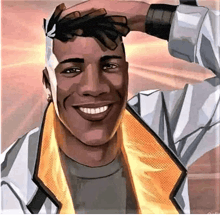 a cartoon of a man smiling with his hand on his head .