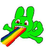 a green rabbit with a rainbow in its mouth