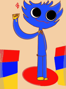 a drawing of a blue cartoon character with a yellow glove that says e on it