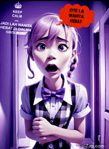 a cartoon of a girl with purple hair and a speech bubble that says kite la wanita hebat