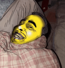 a drawing of a man with a yellow face laying in bed