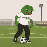 a cartoon frog wearing a shirt that says $ bored kicks a soccer ball