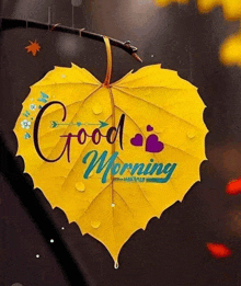 a heart shaped leaf with the words `` good morning '' written on it is hanging from a tree branch .