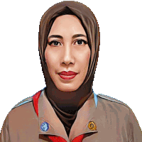 a woman wearing a hijab and a brown jacket has a badge on her chest that says ' a ' on it