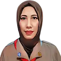 a woman wearing a hijab and a brown jacket has a badge on her chest that says ' a ' on it