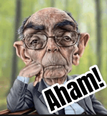 a caricature of an old man with glasses and a sticker that says anam