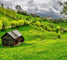 a small wooden house sits in the middle of a grassy hillside